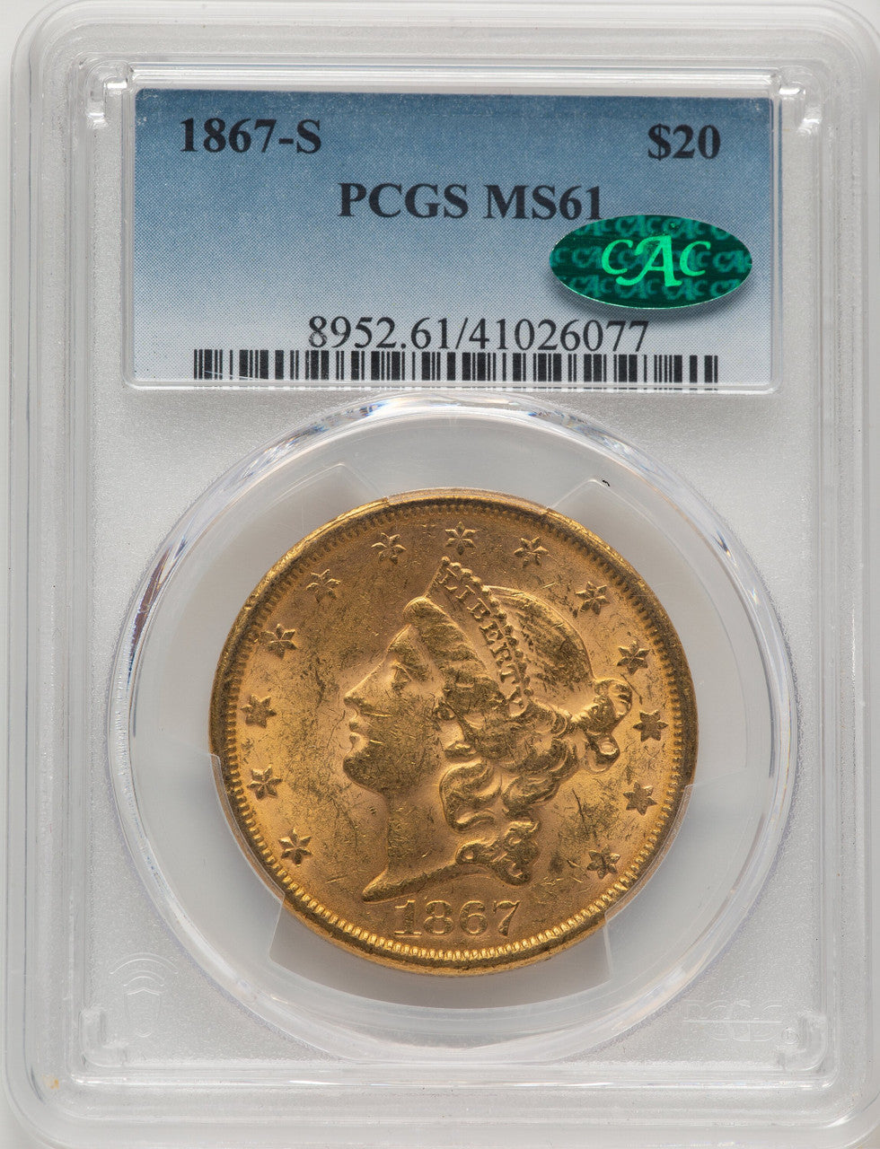 1867-S $20 CAC Liberty Double Eagle PCGS MS61