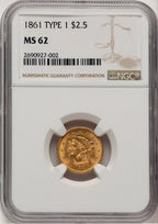 1861 $2.50 Old Rev. Liberty Quarter Eagle NGC MS62