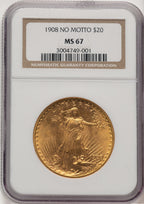 1908 $20 NO MOTTO Saint-Gaudens Double Eagle NGC MS67 (776494006)