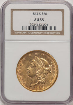 1864-S $20 Brown Label Liberty Double Eagle NGC AU55