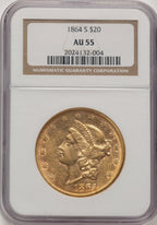 1864-S $20 Brown Label Liberty Double Eagle NGC AU55