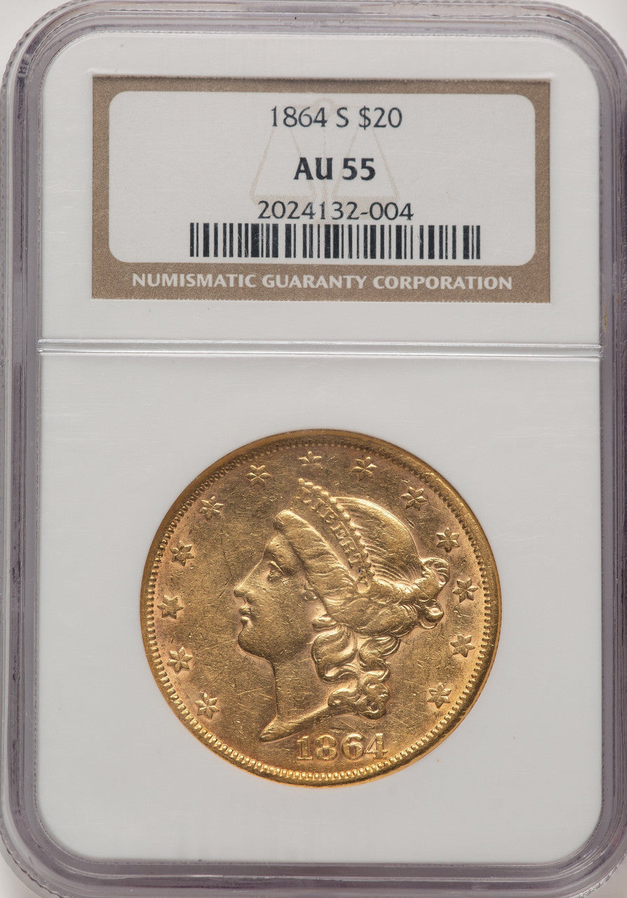 1864-S $20 Brown Label Liberty Double Eagle NGC AU55