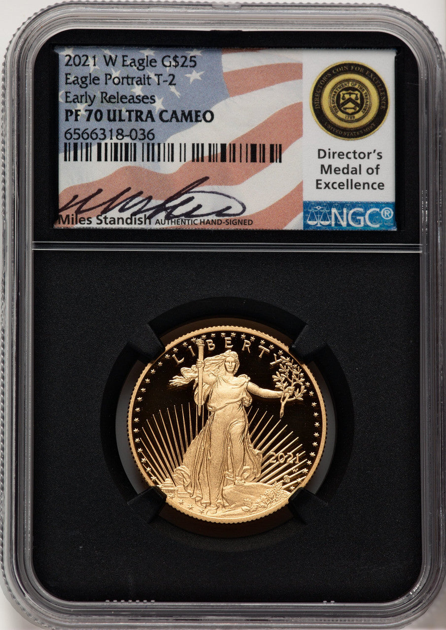 2021-W G$25 Half Ounce Gold Eagle Type Two First Strike ER Miles Standish NGC PF70