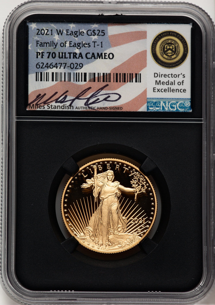 2021-W G$25 Half Ounce Gold Eagle T-1 Miles Standish NGC PF70