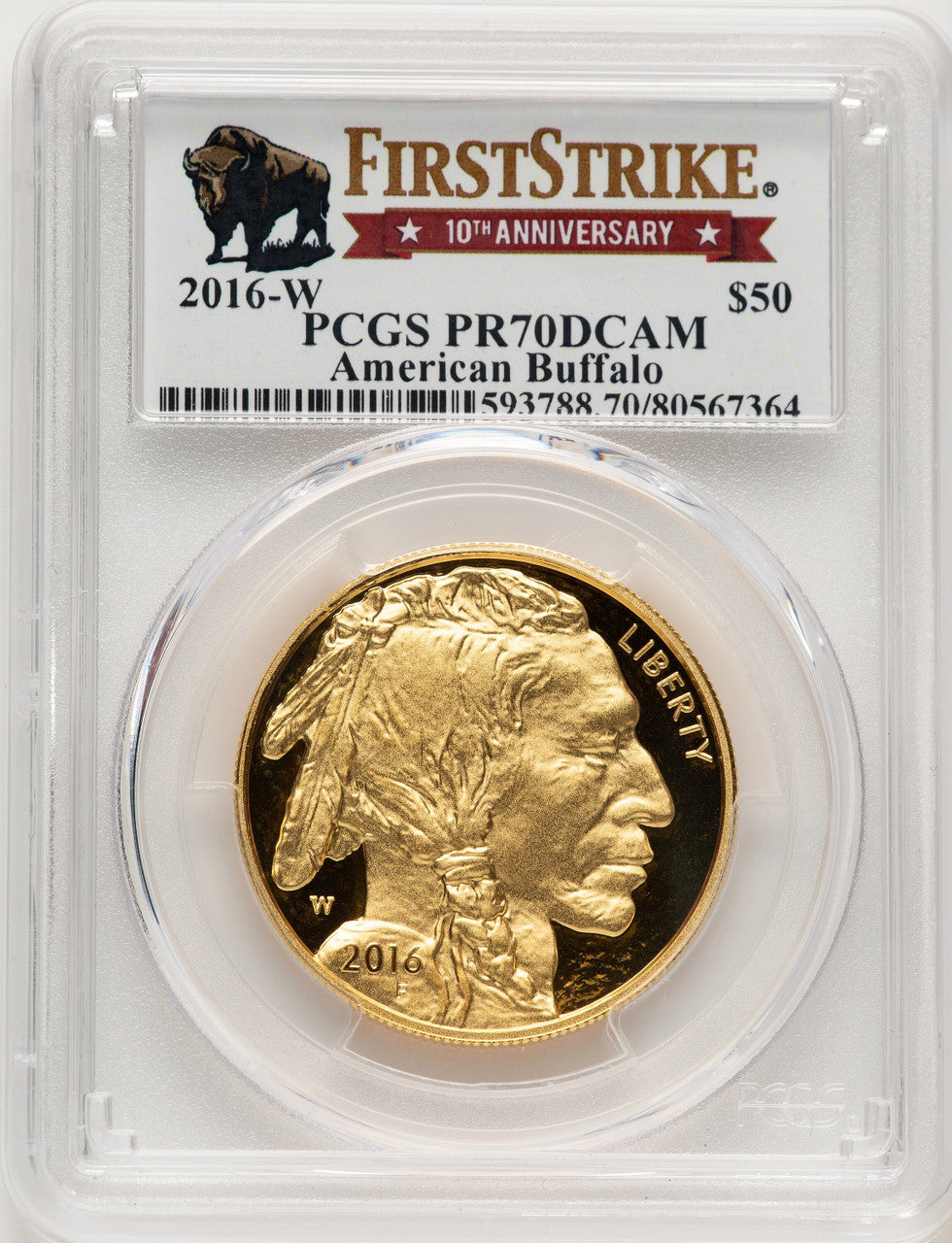 2016-W $50 One-Ounce Gold Buffalo Tenth Anniversary First Strike Buffalo Label FS 100th Anniversary PCGS PR70