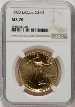1988 $50 One-Ounce Gold Eagle Brown Label NGC MS70