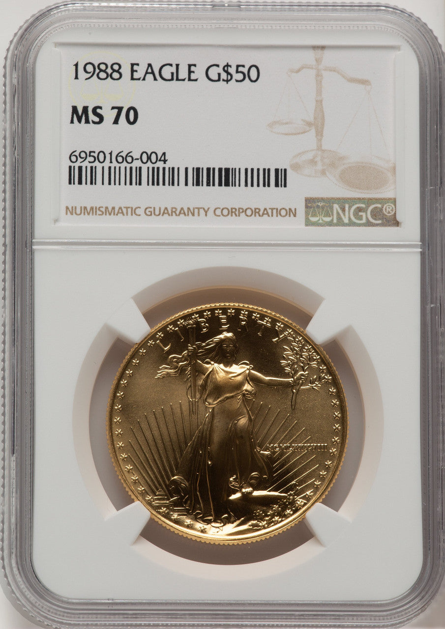 1988 $50 One-Ounce Gold Eagle Brown Label NGC MS70