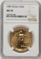 1987 $50 One-Ounce Gold Eagle Brown Label NGC MS70 (777344007)