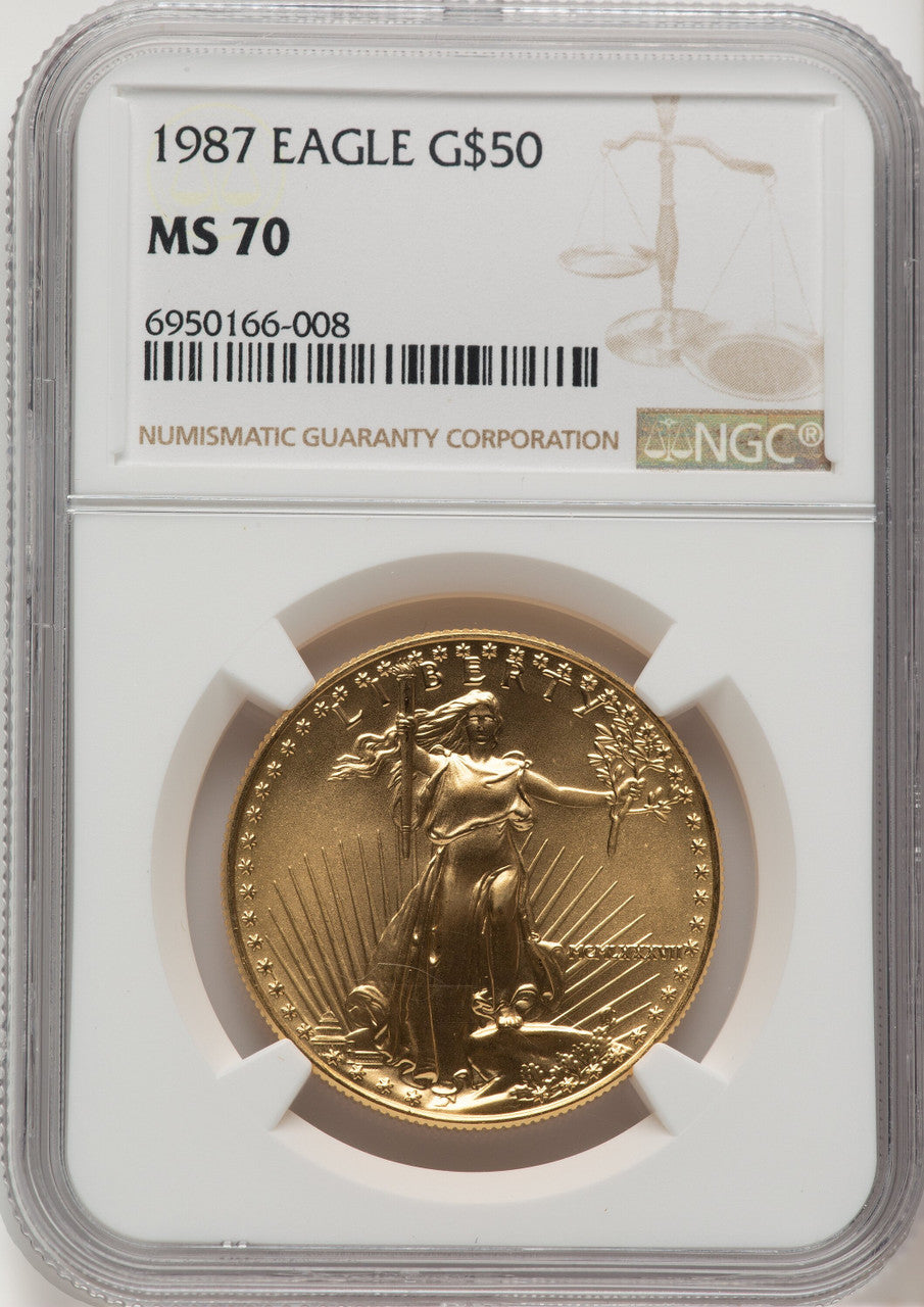 1987 $50 One-Ounce Gold Eagle Brown Label NGC MS70 (777344007)