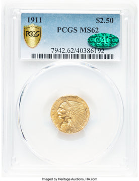 1911 $2.50 CAC Indian Quarter Eagle PCGS MS62