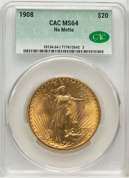 1908 $20 NO MOTTO Saint-Gaudens Double Eagle CACG MS64