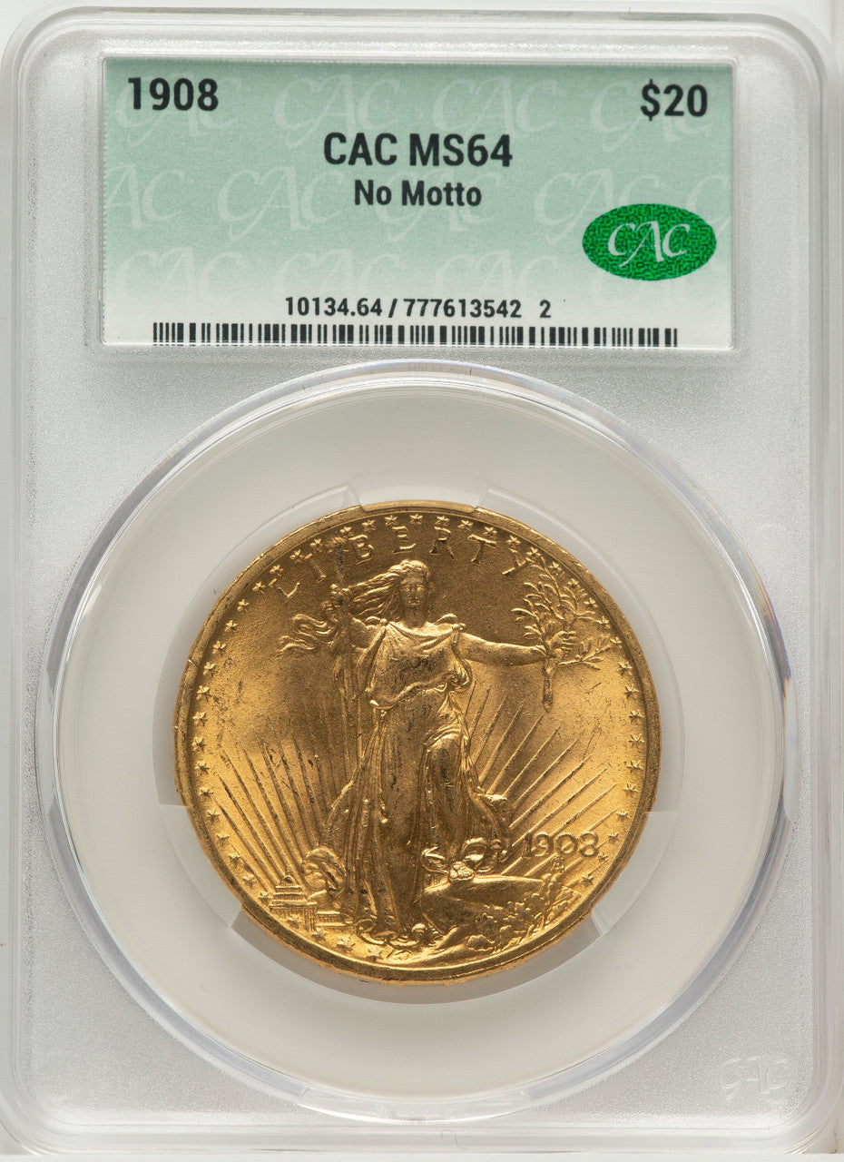 1908 $20 NO MOTTO Saint-Gaudens Double Eagle CACG MS64