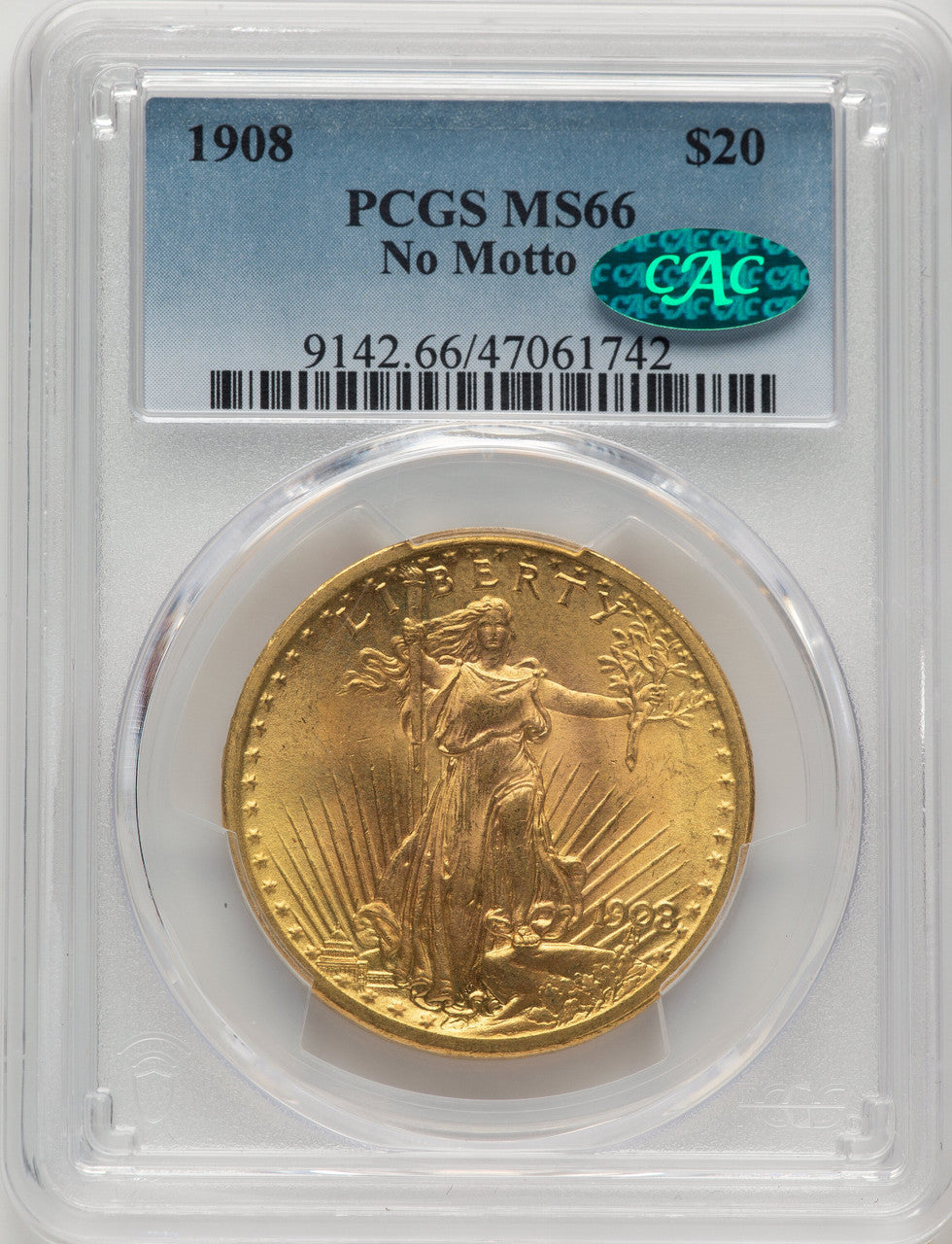 1908 $20 NO MOTTO CAC Saint-Gaudens Double Eagle PCGS MS66