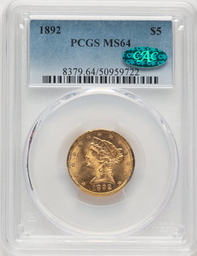 1892 $5 CAC Liberty Half Eagle PCGS MS64