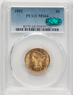 1892 $5 CAC Liberty Half Eagle PCGS MS64