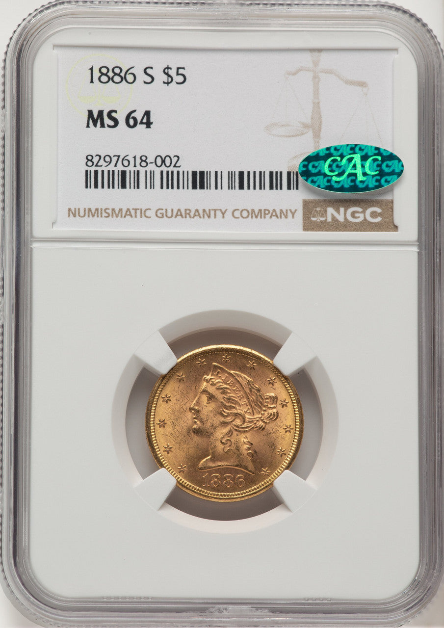 1886-S $5 CAC Liberty Half Eagle NGC MS64