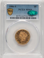 1886-S $5 CAC Liberty Half Eagle PCGS MS64