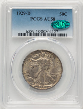 1929-D 50C CAC Walking Liberty Half Dollar PCGS AU58