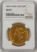 1854 $20 Large Date Proof Liberty Double Eagle NGC AU55 (776751005)