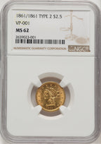1861 $2.50 New Reverse Type 2 Liberty Quarter Eagle NGC MS62