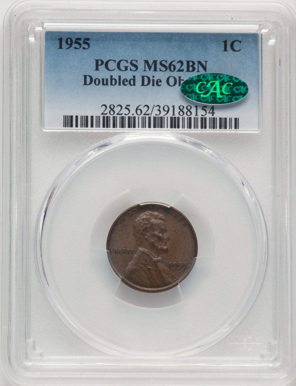 1955 Doubled Die Obverse BN CAC Lincoln Cent PCGS MS62 (520973054)