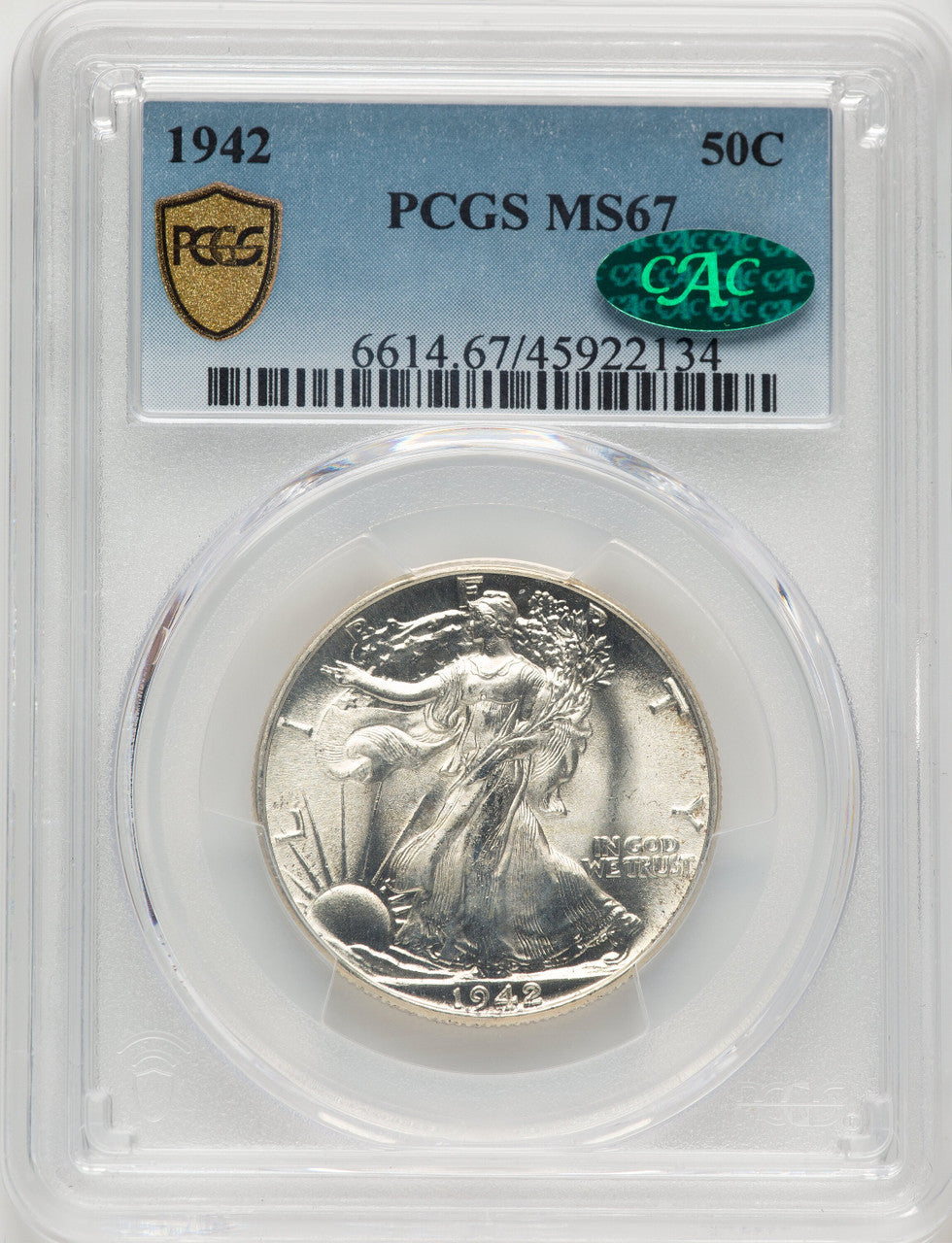 1942 50C CAC Walking Liberty Half Dollar PCGS MS67