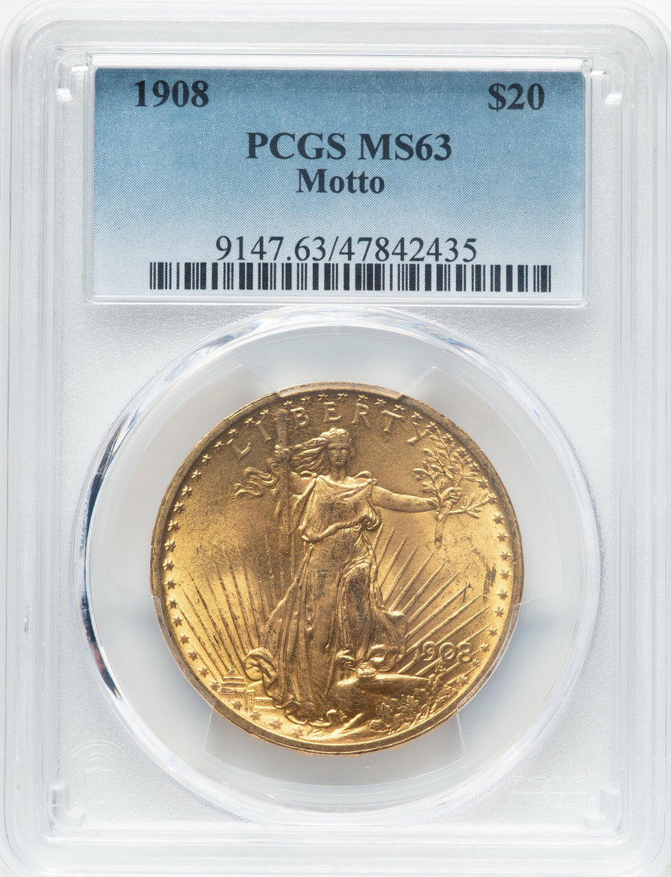1908 $20 MOTTO Saint-Gaudens Double Eagle PCGS MS63