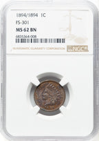 1894/1894 1C FS-301 BN Indian Cent NGC MS62 (910611001)