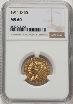 1911-D $5 Indian Half Eagle NGC MS60