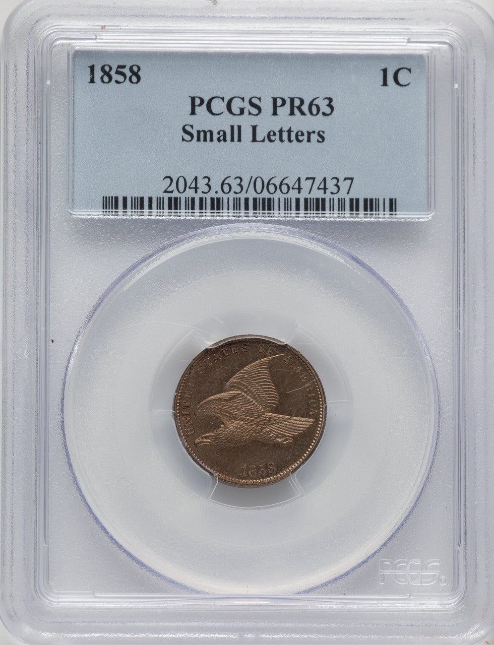 1858 Small Letters Proof Flying Eagle Cent PCGS PR63