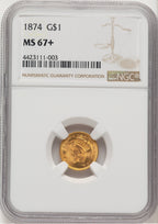 1874 G$1 Gold Dollar NGC MS67+