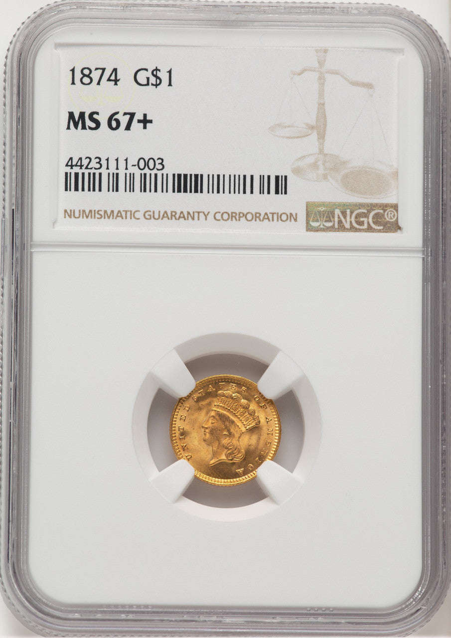 1874 G$1 Gold Dollar NGC MS67+