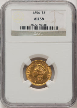 1854 $3 Three Dollar Gold Pieces NGC AU58 (520939021)