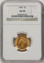 1854 $3 Three Dollar Gold Pieces NGC AU58 (520939021)