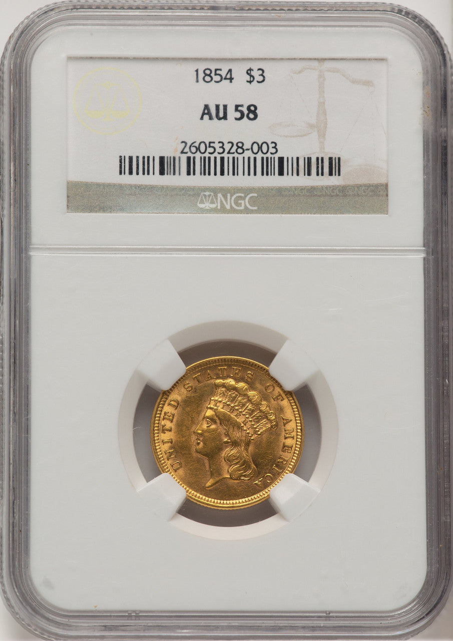 1854 $3 Three Dollar Gold Pieces NGC AU58 (520939021)