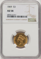 1869 $3 Three Dollar Gold Pieces NGC AU58