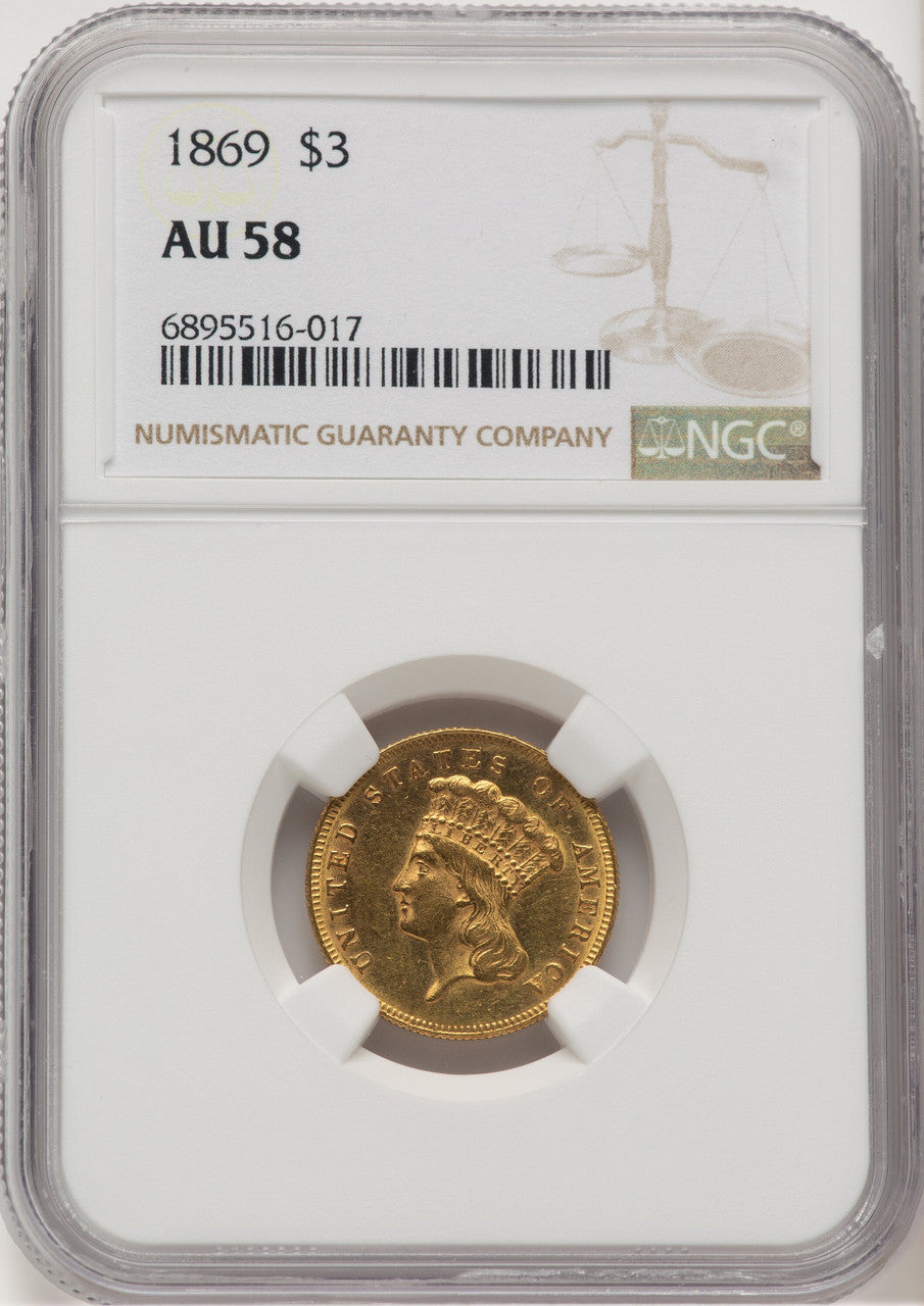 1869 $3 Three Dollar Gold Pieces NGC AU58