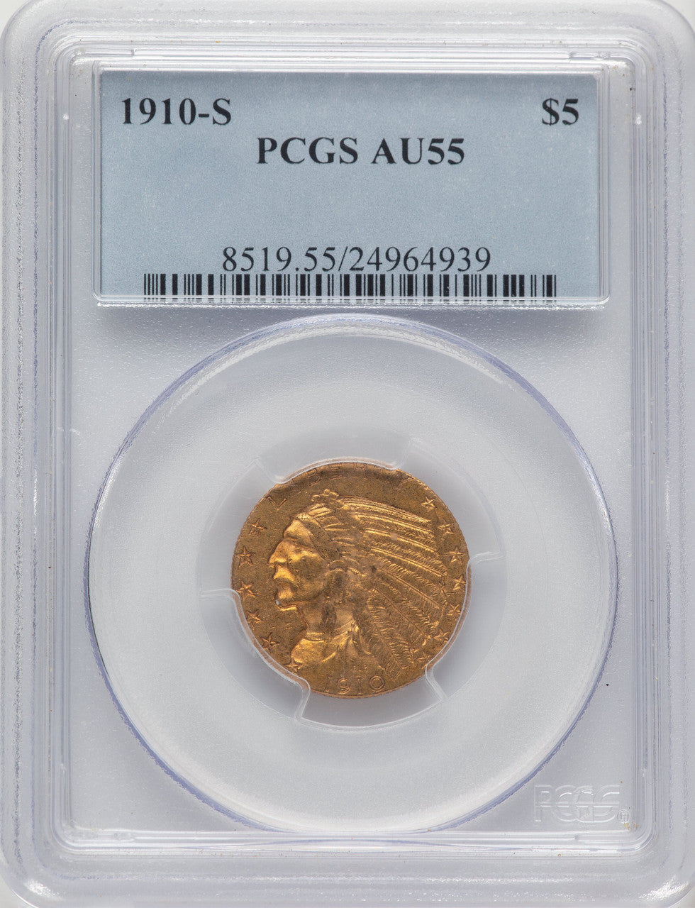 1910-S $5 Indian Half Eagle PCGS AU55