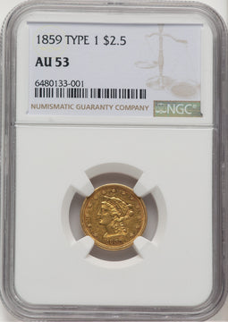 1859 $2.50 Old Rev. Liberty Quarter Eagle NGC AU53 (777550008)