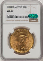 1908-D $20 MOTTO CAC Saint-Gaudens Double Eagle NGC MS64