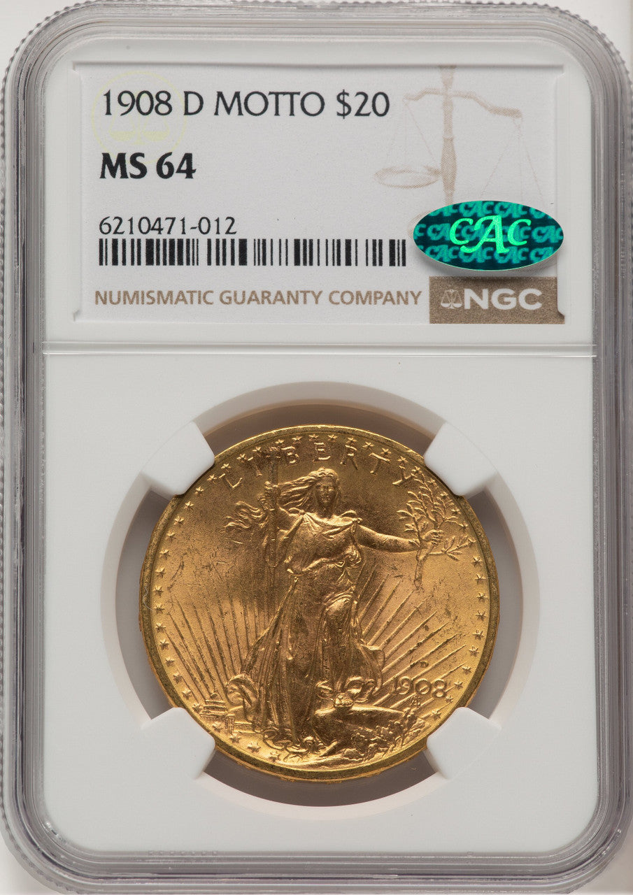 1908-D $20 MOTTO CAC Saint-Gaudens Double Eagle NGC MS64
