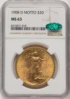 1908-D $20 MOTTO CAC Saint-Gaudens Double Eagle NGC MS63