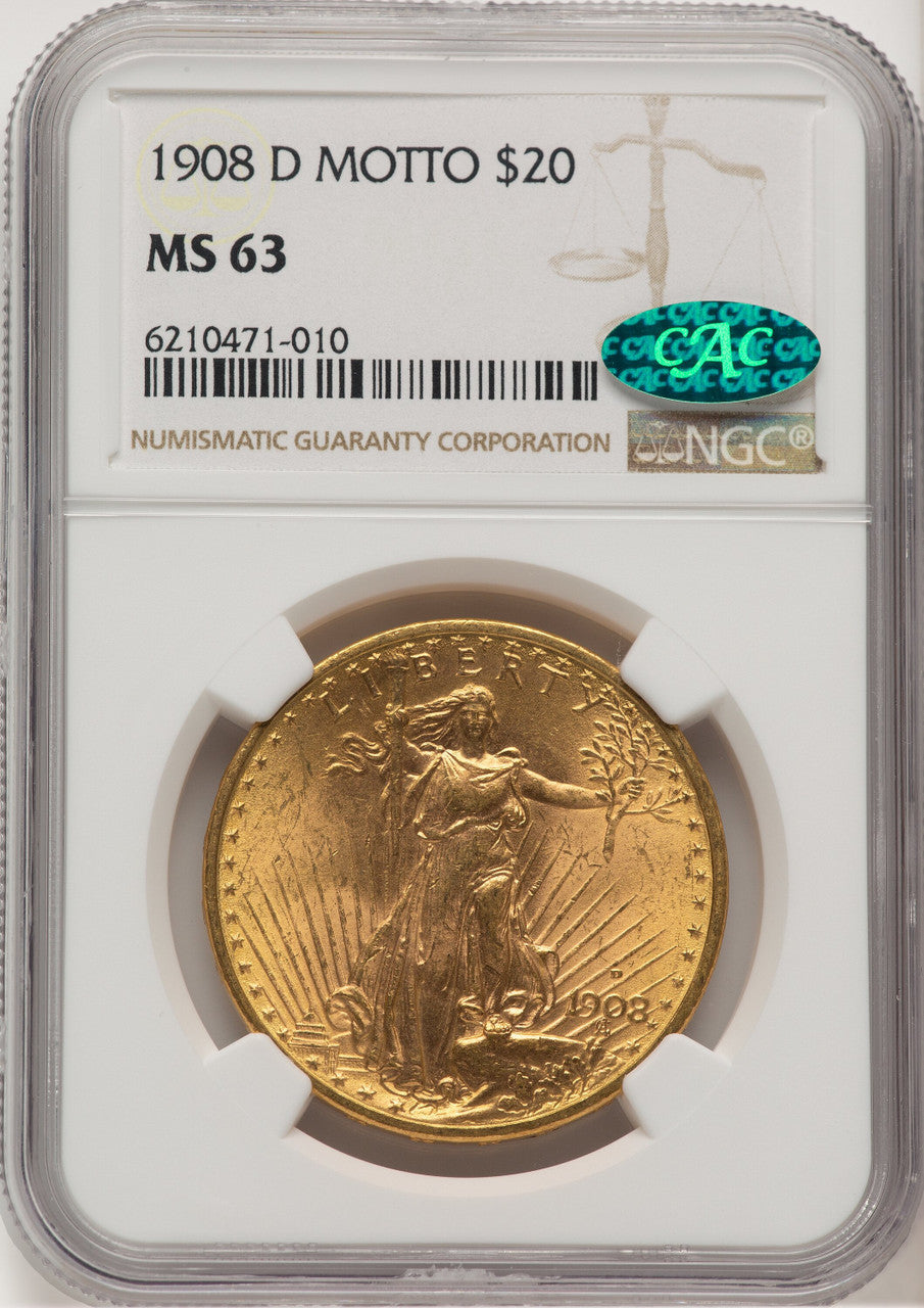 1908-D $20 MOTTO CAC Saint-Gaudens Double Eagle NGC MS63