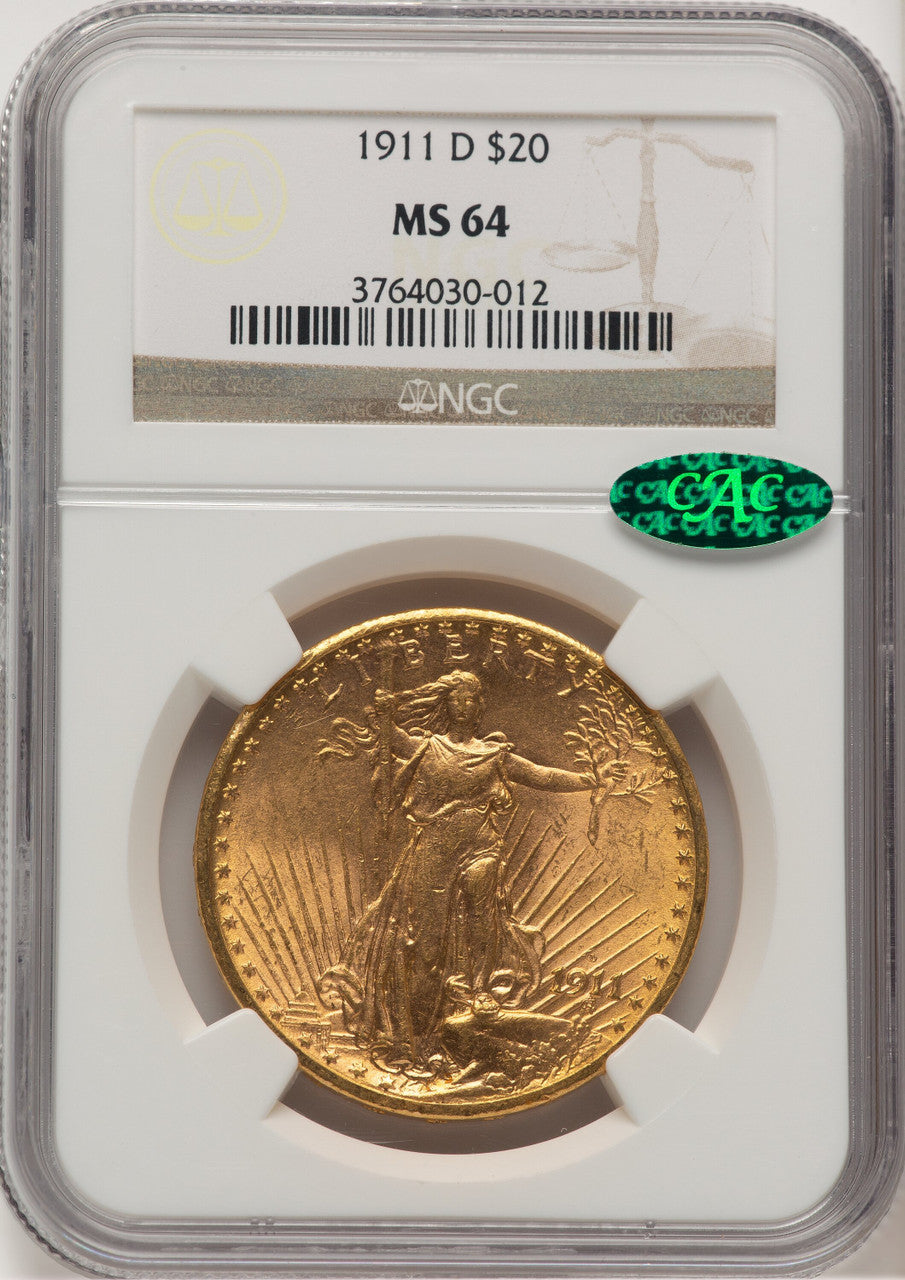 1911-D $20 CAC Saint-Gaudens Double Eagle NGC MS64