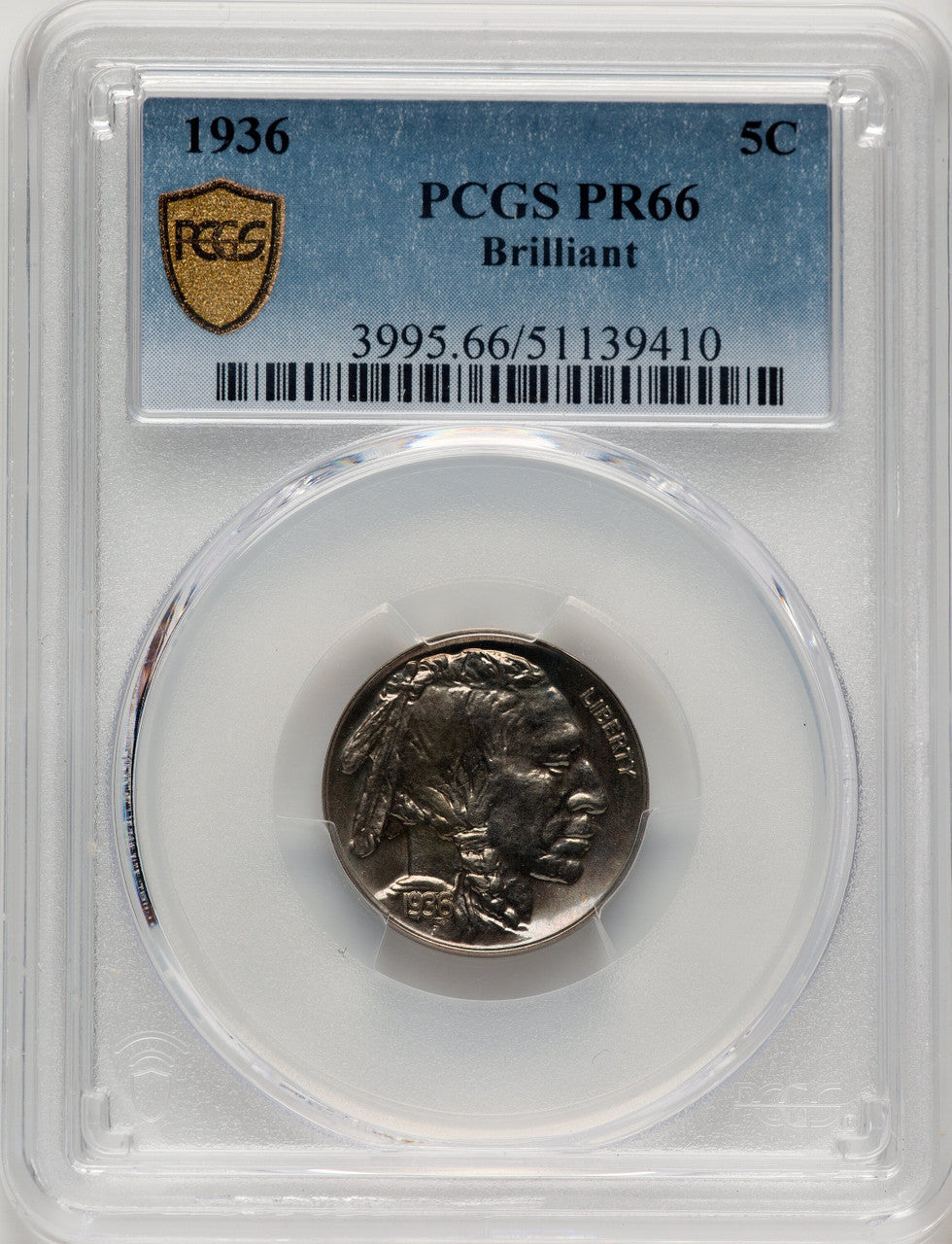 1936 5C Type Two Brilliant Proof Buffalo Nickel PCGS PR66