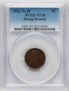1922 No D Strong Reverse BN Lincoln Cent PCGS VF30 (777423003)