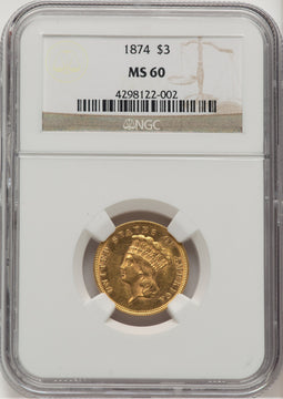 1874 $3 Three Dollar Gold Pieces NGC MS60
