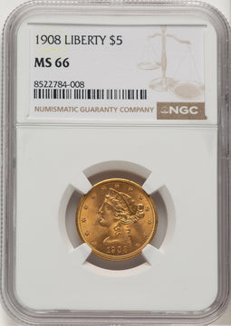 1908 $5 Liberty Liberty Half Eagle NGC MS66 (776203005)