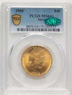 1908 $10 MOTTO CAC Indian Eagle PCGS MS64+