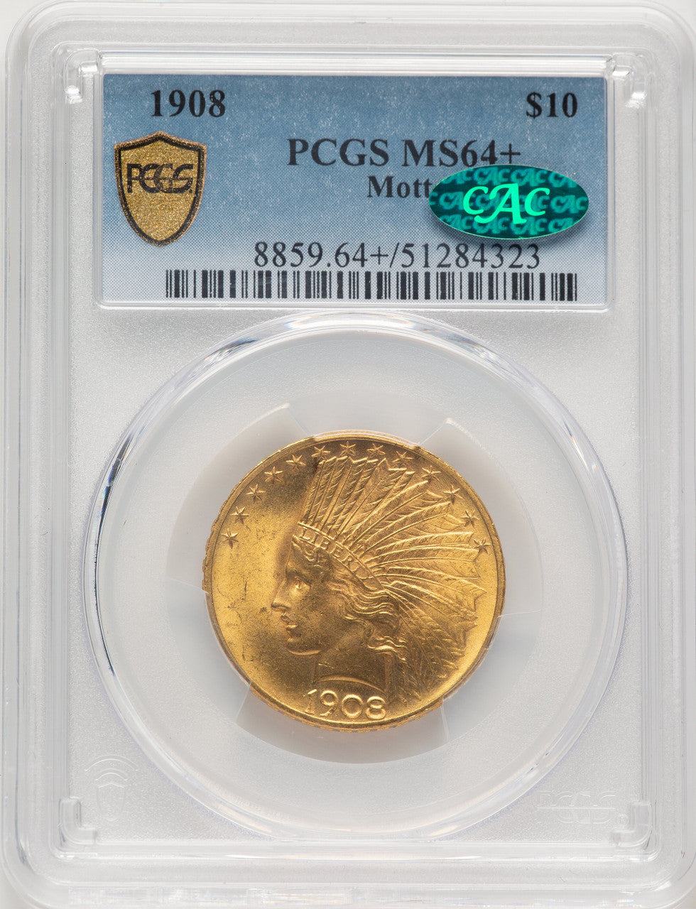 1908 $10 MOTTO CAC Indian Eagle PCGS MS64+